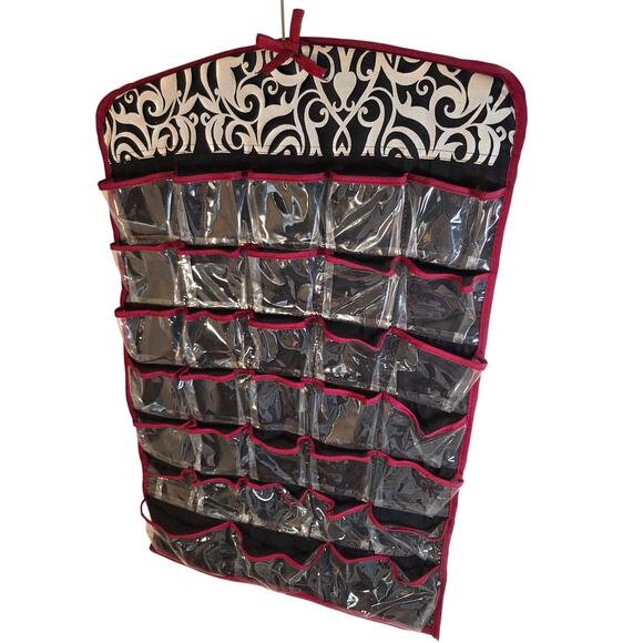 Hanging Jewelry Organizer Double Sided Multi Pocket Floral Black White Organize - Picture 2 of 3
